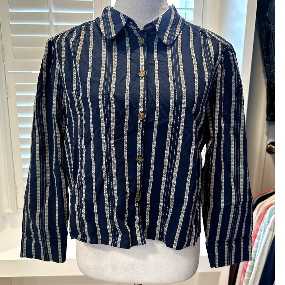 Treasure & Bond Women's Blue Tan Striped Long Sleeve Button Down Blouse M NWT